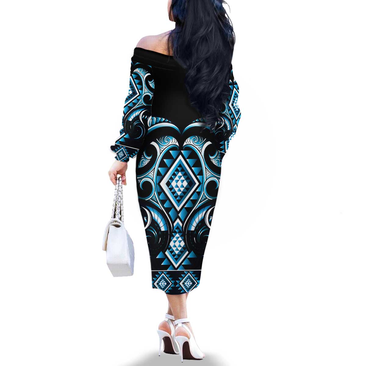 Blue Ngaru Taniko With Aotearoa Maori Tattoo Family Matching Off The Shoulder Long Sleeve Dress and Hawaiian Shirt LT14 - Polynesian Pride