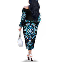 Blue Ngaru Taniko With Aotearoa Maori Tattoo Family Matching Off The Shoulder Long Sleeve Dress and Hawaiian Shirt LT14 - Polynesian Pride