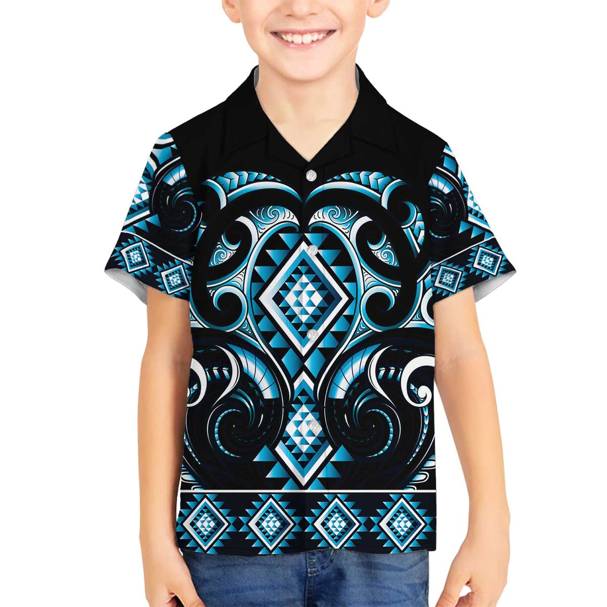 Blue Ngaru Taniko With Aotearoa Maori Tattoo Family Matching Off The Shoulder Long Sleeve Dress and Hawaiian Shirt LT14 Son's Shirt Blue - Polynesian Pride
