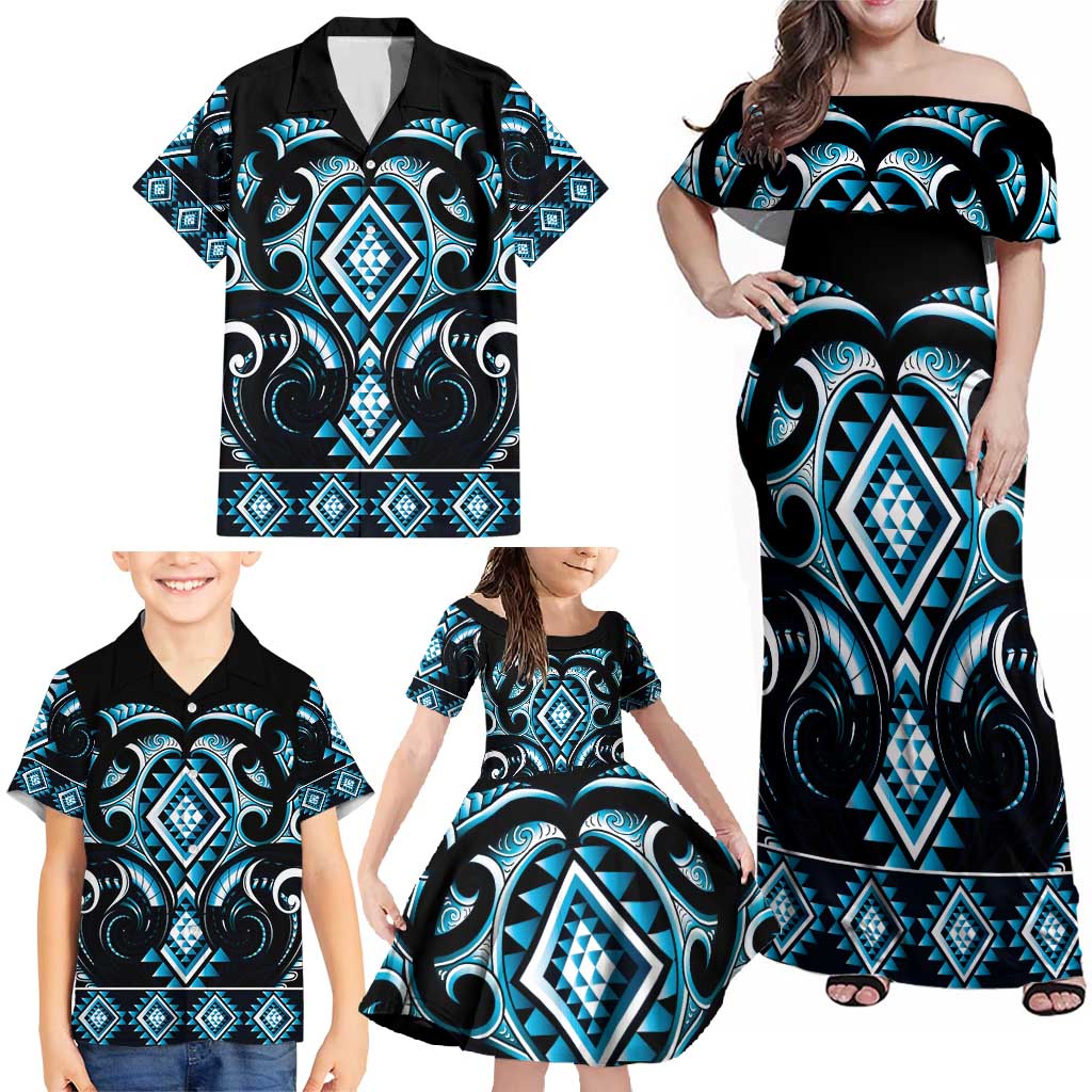 Blue Ngaru Taniko With Aotearoa Maori Tattoo Family Matching Off Shoulder Maxi Dress and Hawaiian Shirt LT14 - Polynesian Pride