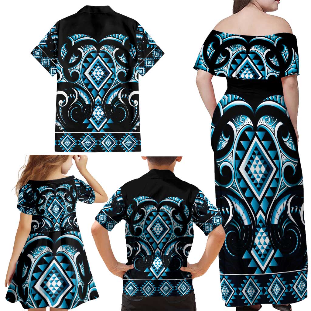 Blue Ngaru Taniko With Aotearoa Maori Tattoo Family Matching Off Shoulder Maxi Dress and Hawaiian Shirt LT14 - Polynesian Pride