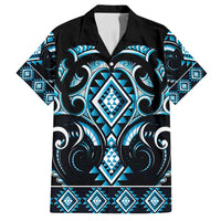 Blue Ngaru Taniko With Aotearoa Maori Tattoo Family Matching Off Shoulder Maxi Dress and Hawaiian Shirt LT14 Dad's Shirt - Short Sleeve Blue - Polynesian Pride