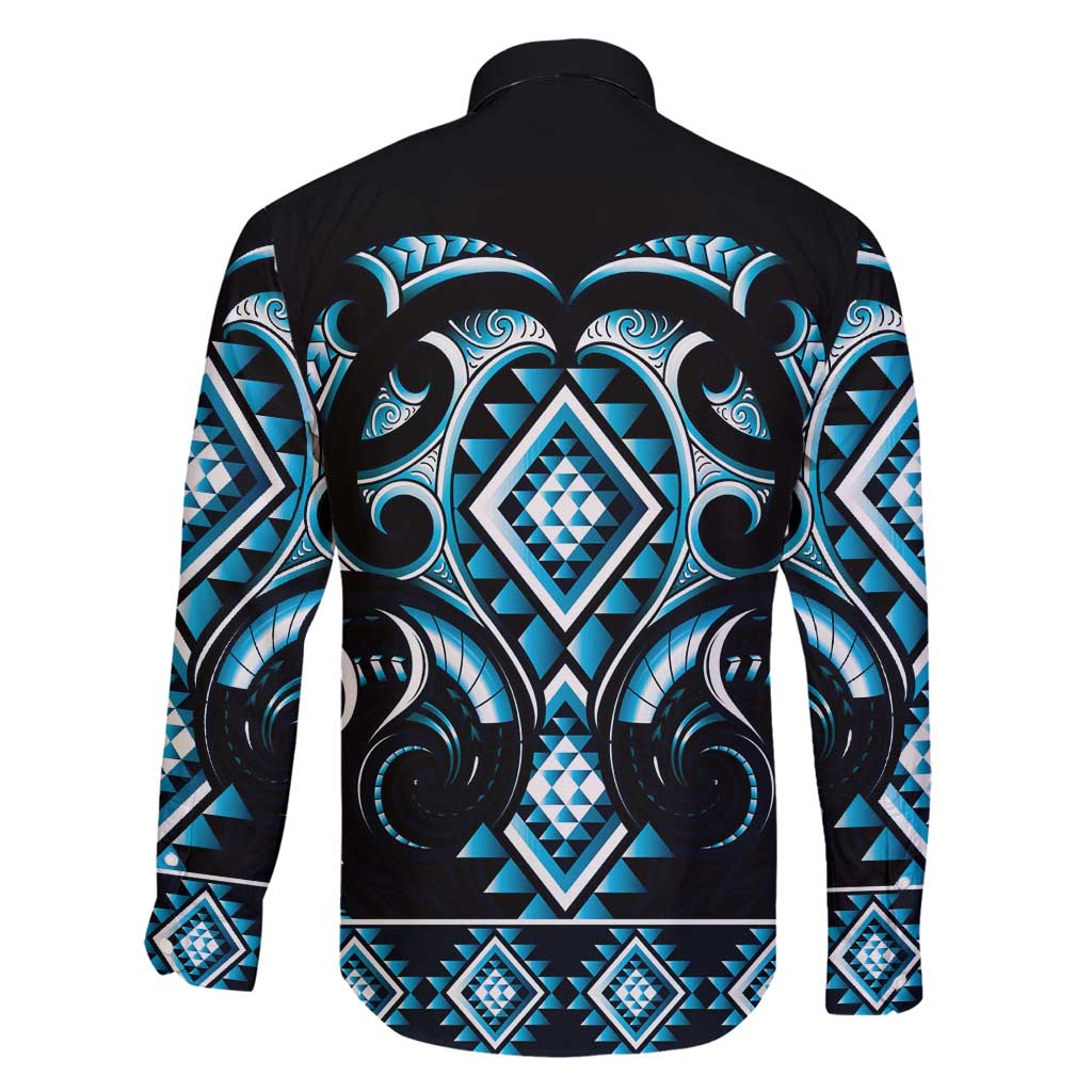 Blue Ngaru Taniko With Aotearoa Maori Tattoo Family Matching Off Shoulder Maxi Dress and Hawaiian Shirt LT14 - Polynesian Pride