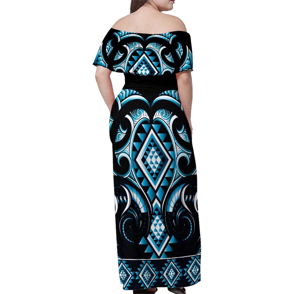 Blue Ngaru Taniko With Aotearoa Maori Tattoo Family Matching Off Shoulder Maxi Dress and Hawaiian Shirt LT14 - Polynesian Pride