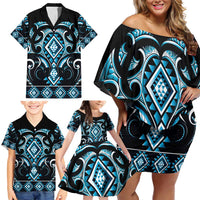 Blue Ngaru Taniko With Aotearoa Maori Tattoo Family Matching Off Shoulder Short Dress and Hawaiian Shirt LT14 - Polynesian Pride