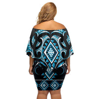 Blue Ngaru Taniko With Aotearoa Maori Tattoo Family Matching Off Shoulder Short Dress and Hawaiian Shirt LT14 - Polynesian Pride