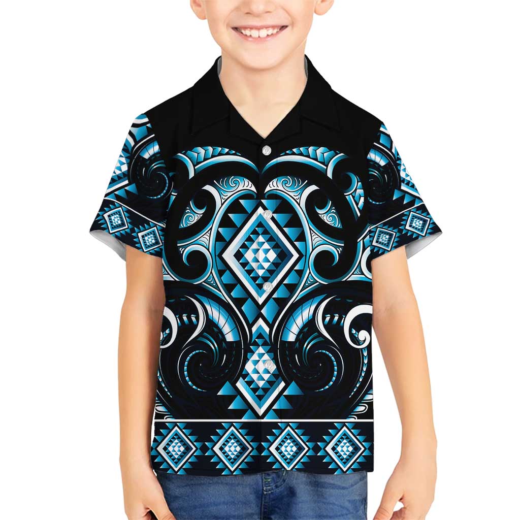 Blue Ngaru Taniko With Aotearoa Maori Tattoo Family Matching Off Shoulder Short Dress and Hawaiian Shirt LT14 Son's Shirt Blue - Polynesian Pride