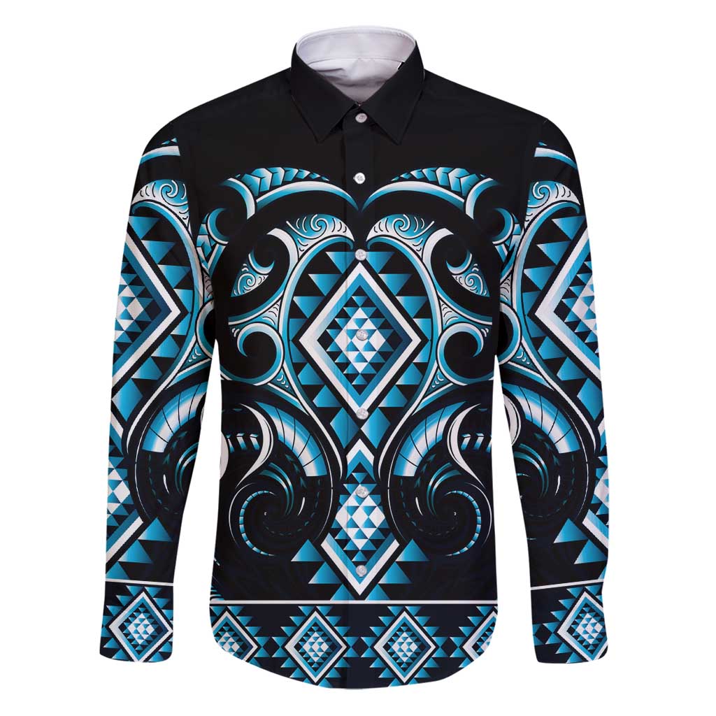 Blue Ngaru Taniko With Aotearoa Maori Tattoo Family Matching Puletasi and Hawaiian Shirt LT14 Dad's Shirt - Long Sleeve Blue - Polynesian Pride