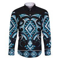 Blue Ngaru Taniko With Aotearoa Maori Tattoo Family Matching Puletasi and Hawaiian Shirt LT14 Dad's Shirt - Long Sleeve Blue - Polynesian Pride