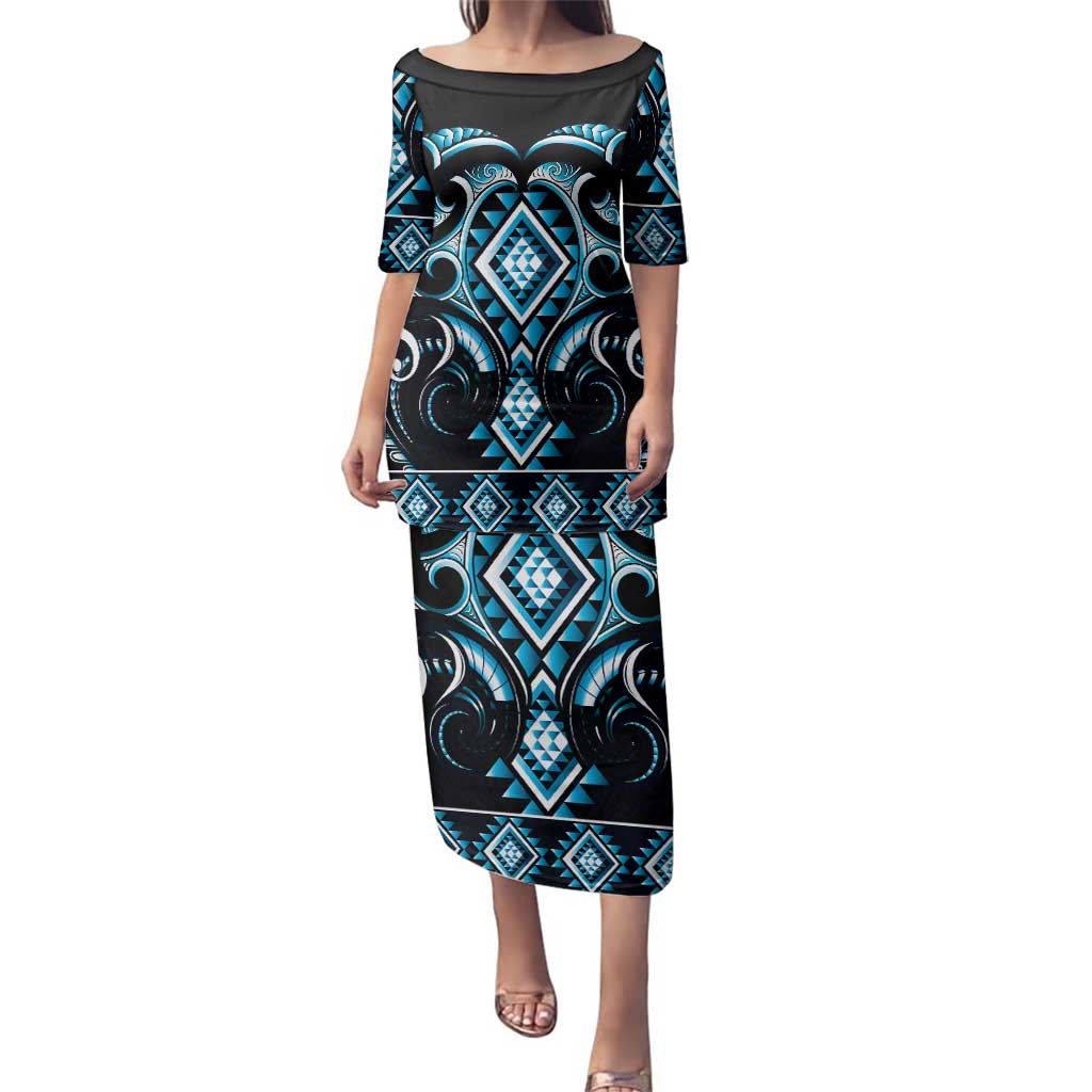 Blue Ngaru Taniko With Aotearoa Maori Tattoo Family Matching Puletasi and Hawaiian Shirt LT14 Mom's Dress Blue - Polynesian Pride