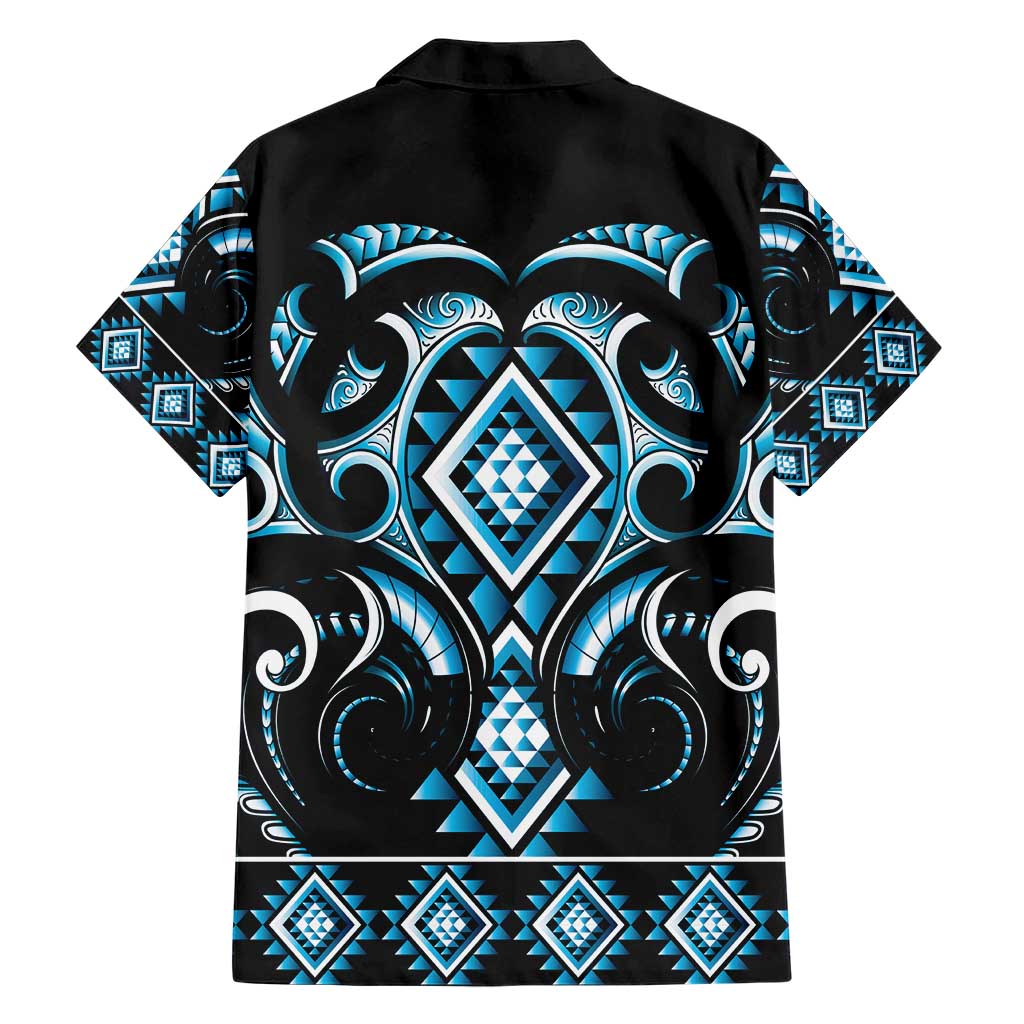 Blue Ngaru Taniko With Aotearoa Maori Tattoo Family Matching Short Sleeve Bodycon Dress and Hawaiian Shirt LT14 - Polynesian Pride