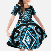 Blue Ngaru Taniko With Aotearoa Maori Tattoo Family Matching Summer Maxi Dress and Hawaiian Shirt LT14 Daughter's Dress Blue - Polynesian Pride