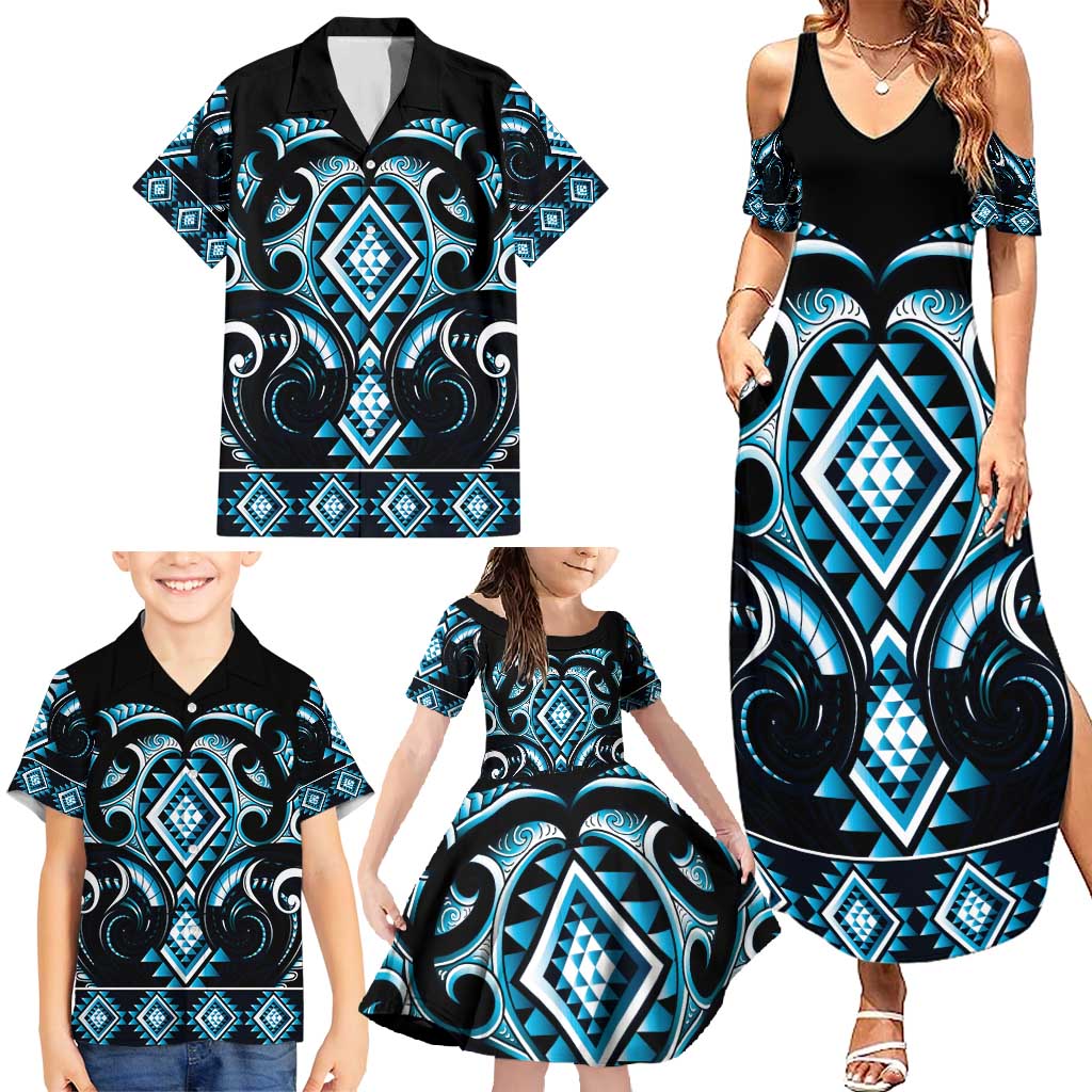 Blue Ngaru Taniko With Aotearoa Maori Tattoo Family Matching Summer Maxi Dress and Hawaiian Shirt LT14 - Polynesian Pride