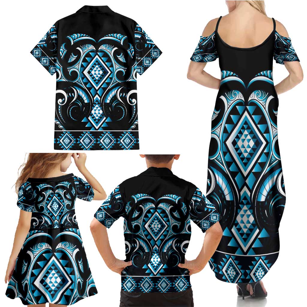 Blue Ngaru Taniko With Aotearoa Maori Tattoo Family Matching Summer Maxi Dress and Hawaiian Shirt LT14 - Polynesian Pride