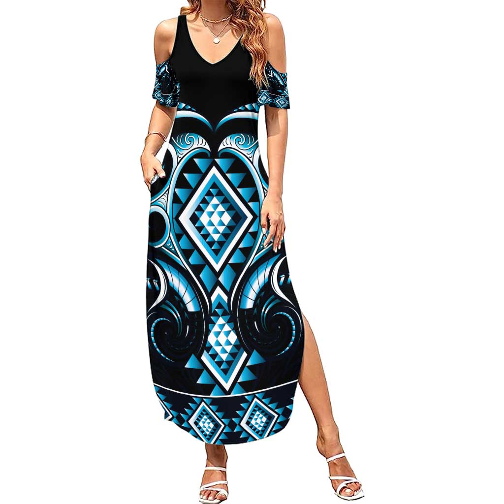 Blue Ngaru Taniko With Aotearoa Maori Tattoo Family Matching Summer Maxi Dress and Hawaiian Shirt LT14 Mom's Dress Blue - Polynesian Pride