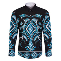 Blue Ngaru Taniko With Aotearoa Maori Tattoo Family Matching Tank Maxi Dress and Hawaiian Shirt LT14 Dad's Shirt - Long Sleeve Blue - Polynesian Pride