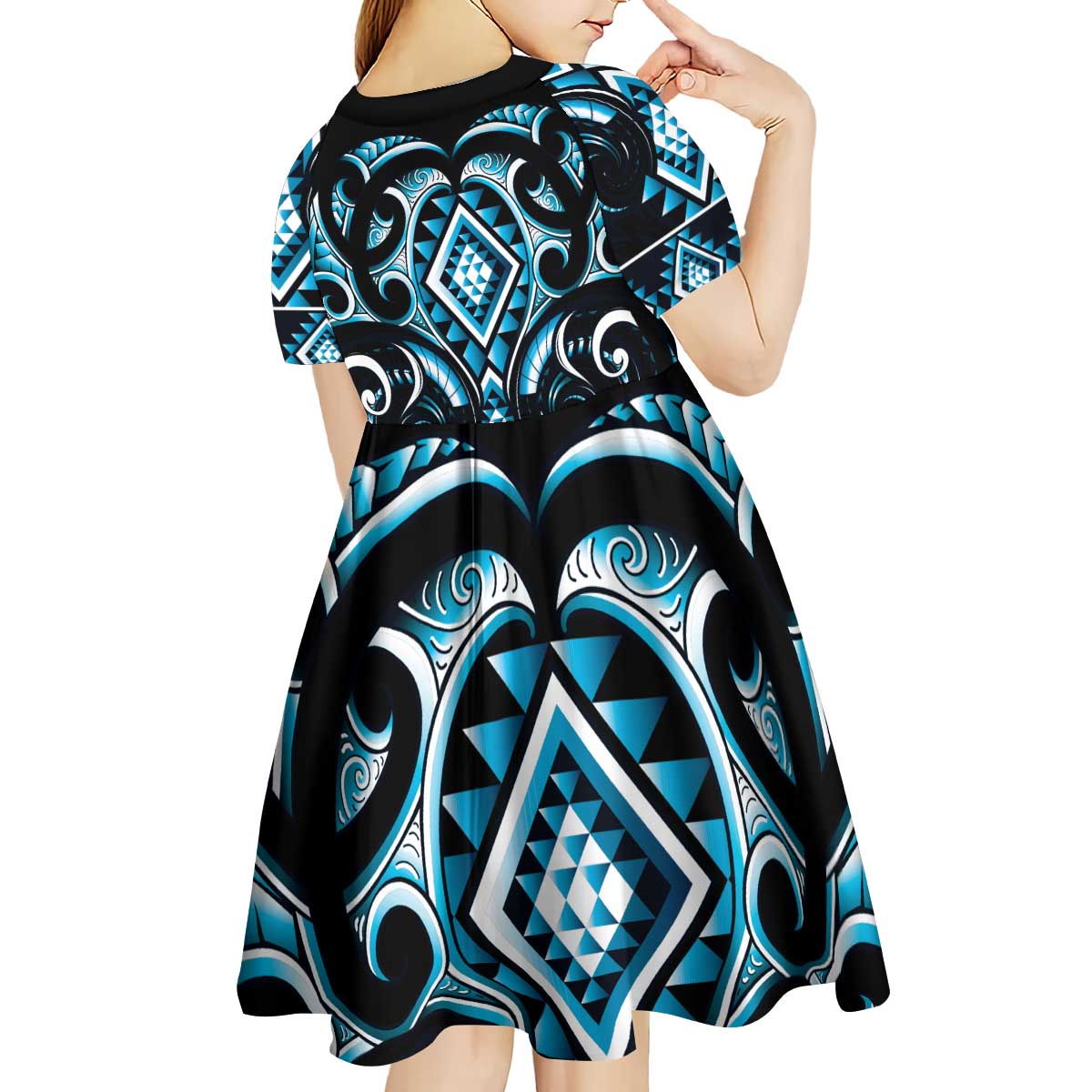 Blue Ngaru Taniko With Aotearoa Maori Tattoo Kid Short Sleeve Dress