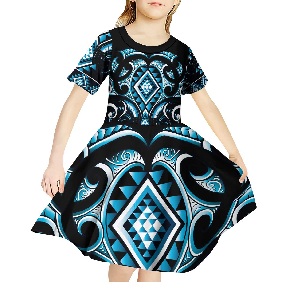 Blue Ngaru Taniko With Aotearoa Maori Tattoo Kid Short Sleeve Dress