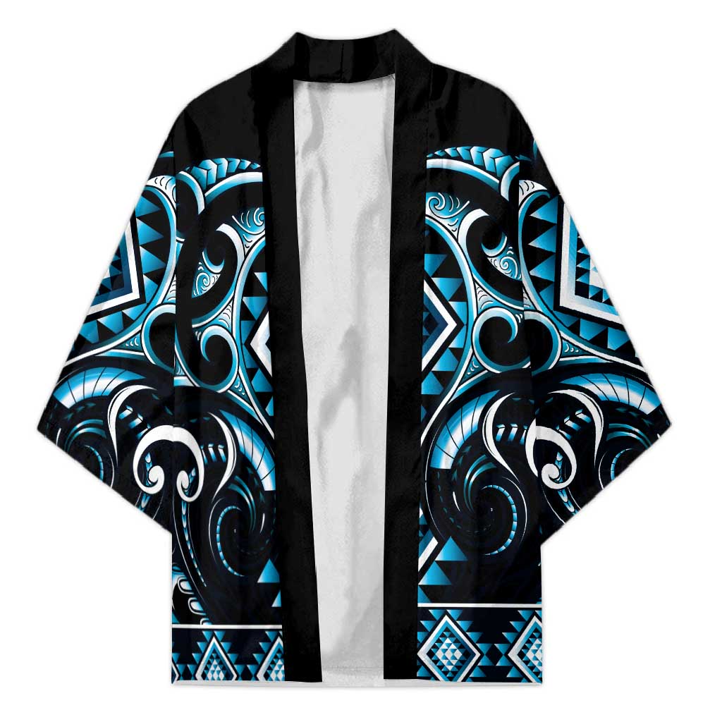 Blue Ngaru Taniko With Aotearoa Maori Tattoo Kimono - Polynesian Pride