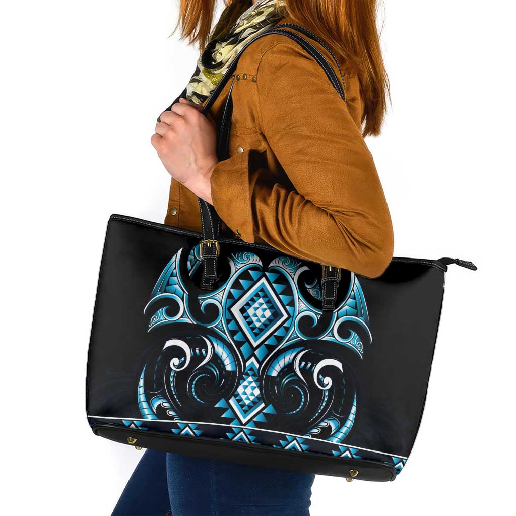 Blue Ngaru Taniko With Aotearoa Maori Tattoo Leather Tote Bag