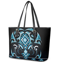 Blue Ngaru Taniko With Aotearoa Maori Tattoo Leather Tote Bag