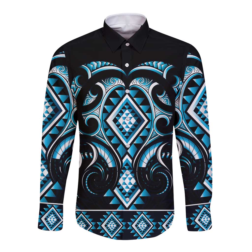 Blue Ngaru Taniko With Aotearoa Maori Tattoo Long Sleeve Button Shirt