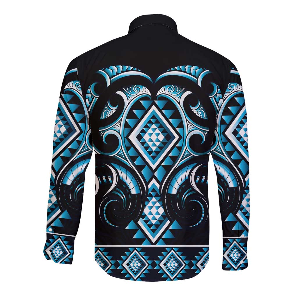 Blue Ngaru Taniko With Aotearoa Maori Tattoo Long Sleeve Button Shirt