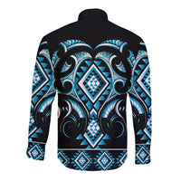 Blue Ngaru Taniko With Aotearoa Maori Tattoo Long Sleeve Button Shirt