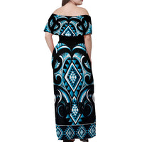 Blue Ngaru Taniko With Aotearoa Maori Tattoo Off Shoulder Maxi Dress