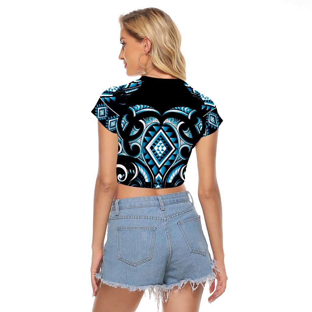 Blue Ngaru Taniko With Aotearoa Maori Tattoo Raglan Cropped T Shirt