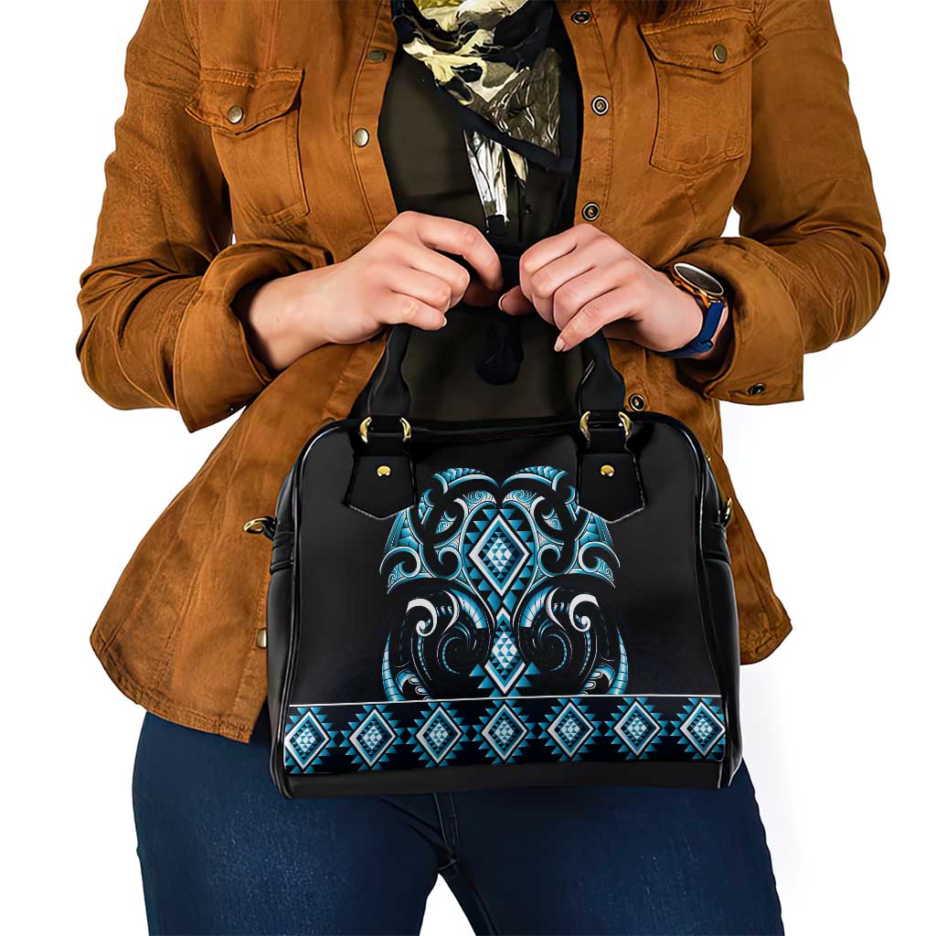 Blue Ngaru Taniko With Aotearoa Maori Tattoo Shoulder Handbag