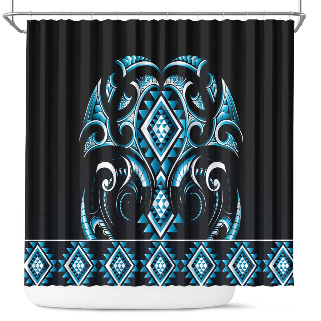 Blue Ngaru Taniko With Aotearoa Maori Tattoo Shower Curtain LT14 Blue - Polynesian Pride