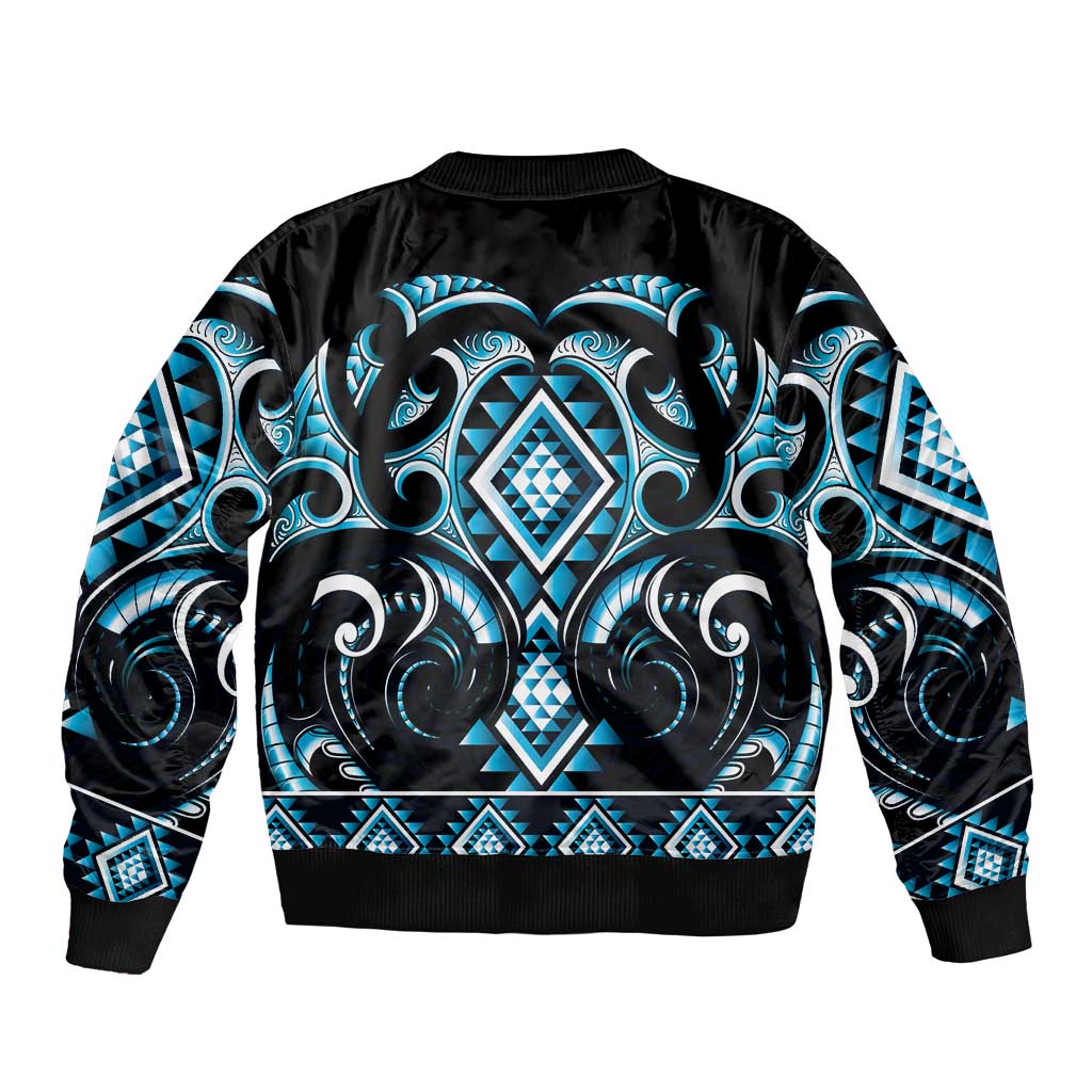 Blue Ngaru Taniko With Aotearoa Maori Tattoo Sleeve Zip Bomber Jacket