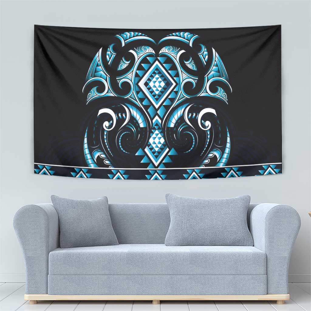 Blue Ngaru Taniko With Aotearoa Maori Tattoo Tapestry