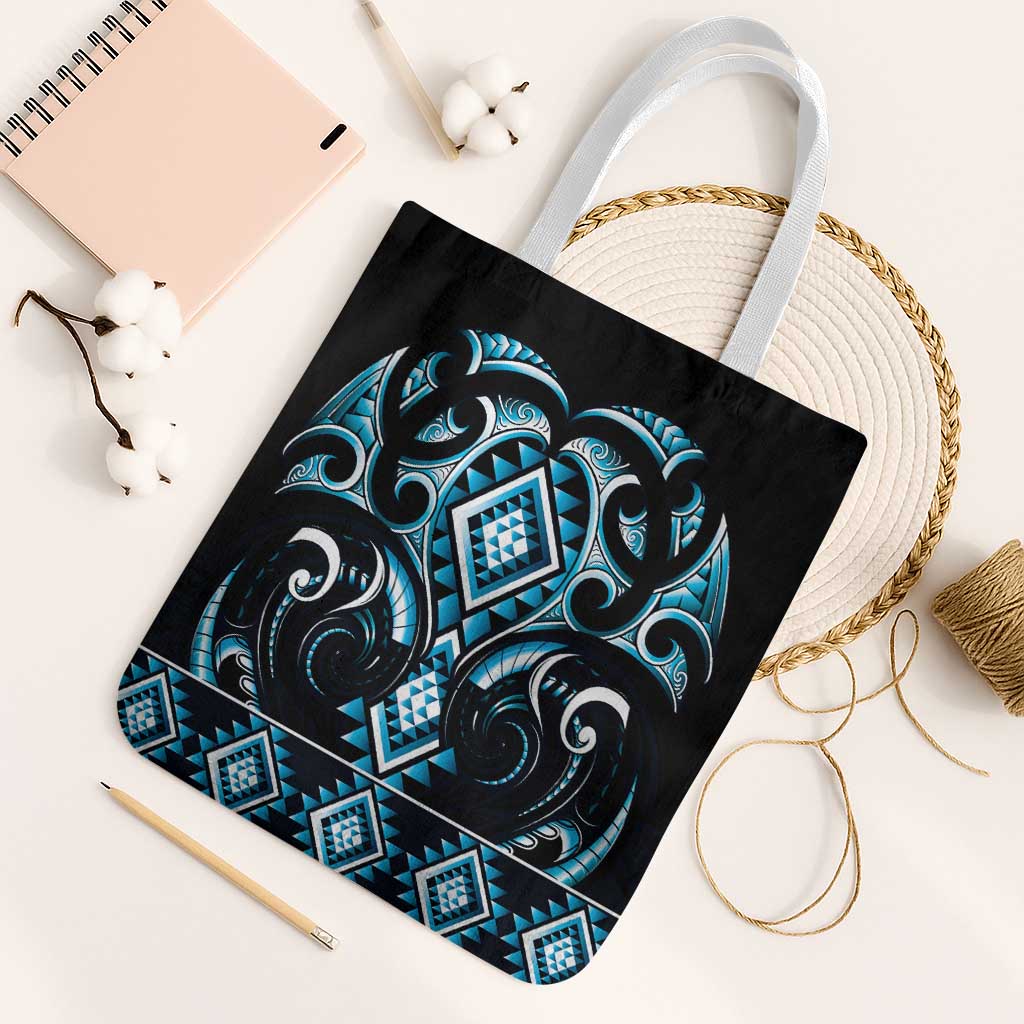 Blue Ngaru Taniko With Aotearoa Maori Tattoo Tote Bag - Polynesian Pride