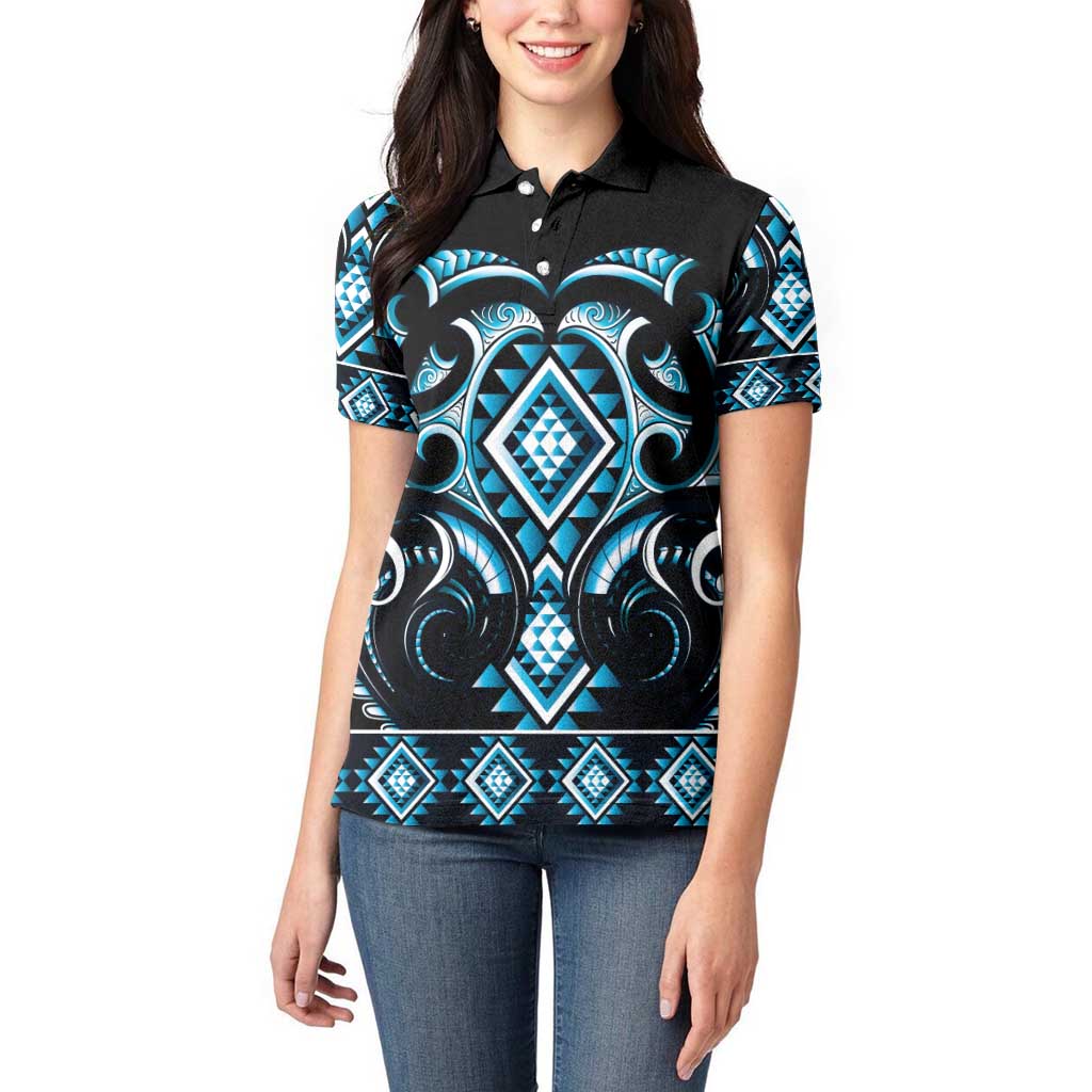 Blue Ngaru Taniko With Aotearoa Maori Tattoo Women Polo Shirt