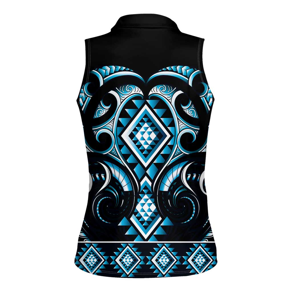 Blue Ngaru Taniko With Aotearoa Maori Tattoo Women Sleeveless Polo Shirt