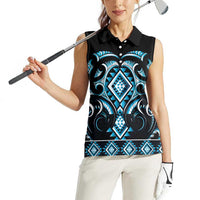 Blue Ngaru Taniko With Aotearoa Maori Tattoo Women Sleeveless Polo Shirt