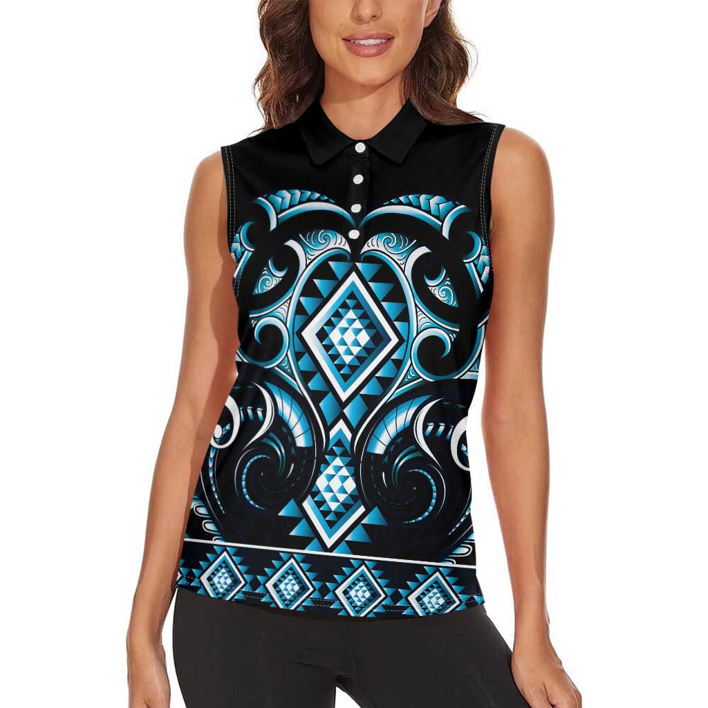 Blue Ngaru Taniko With Aotearoa Maori Tattoo Women Sleeveless Polo Shirt