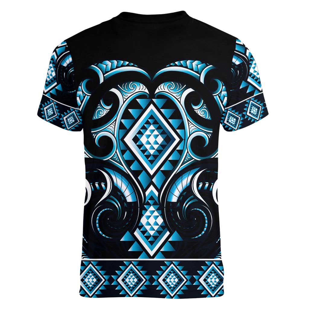 Blue Ngaru Taniko With Aotearoa Maori Tattoo Women V-Neck T-Shirt