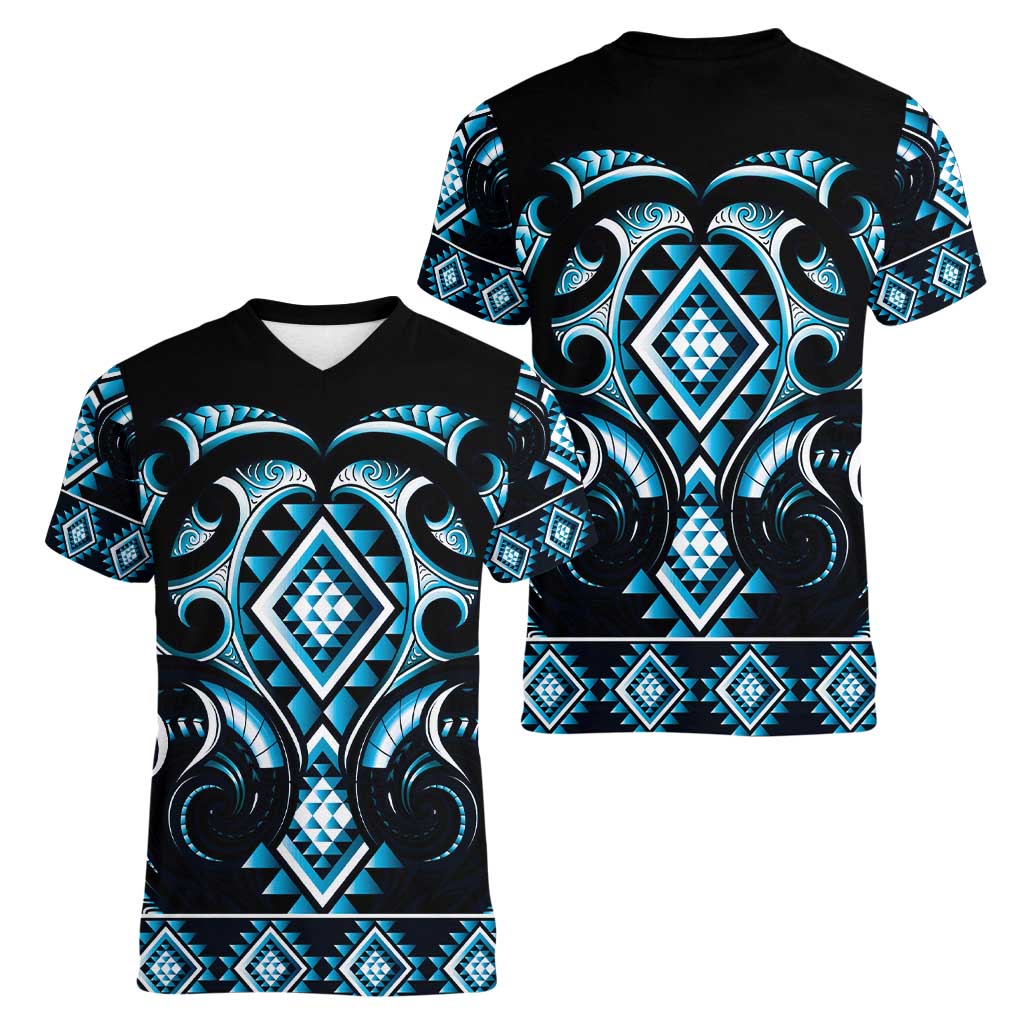 Blue Ngaru Taniko With Aotearoa Maori Tattoo Women V-Neck T-Shirt