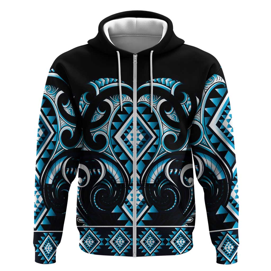 Blue Ngaru Taniko With Aotearoa Maori Tattoo Zip Hoodie LT14 Zip Hoodie Blue - Polynesian Pride