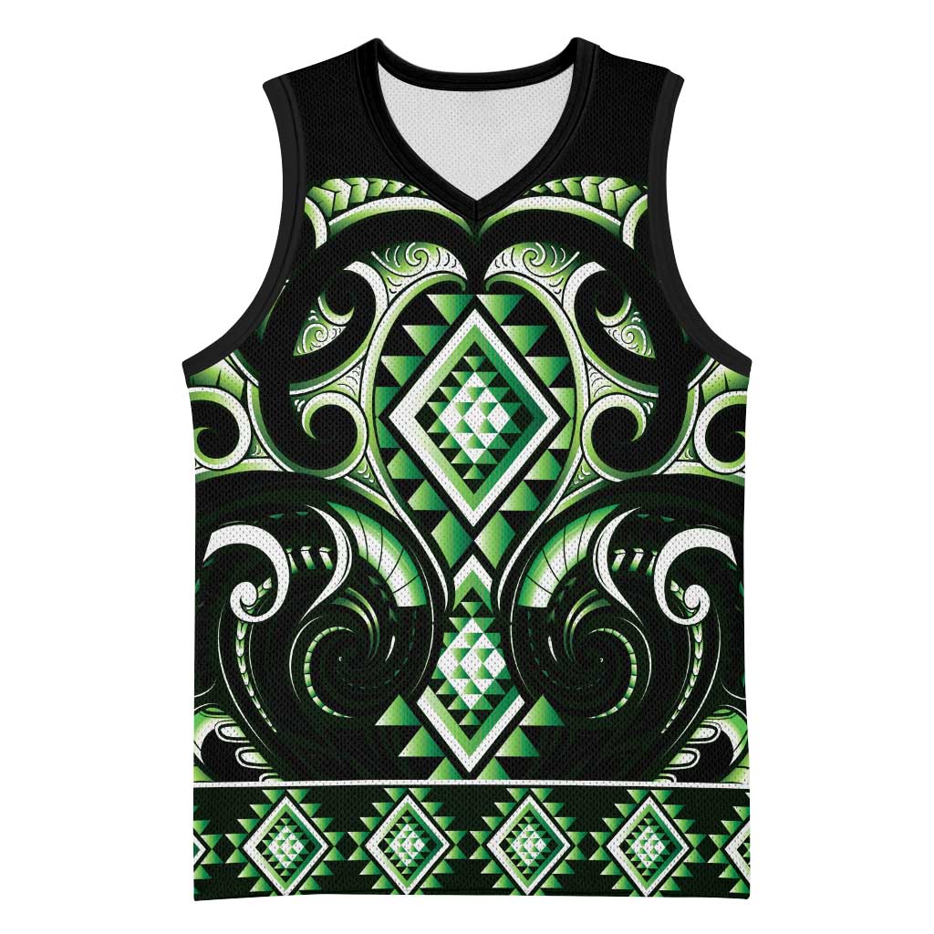 Green Ngaru Taniko With Aotearoa Maori Tattoo Basketball Jersey - Polynesian Pride