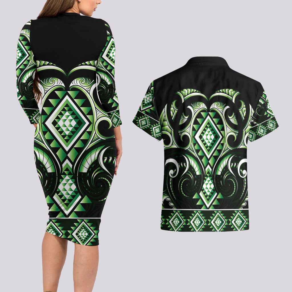 Green Ngaru Taniko With Aotearoa Maori Tattoo Couples Matching Long Sleeve Bodycon Dress and Hawaiian Shirt LT14 - Polynesian Pride