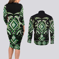 Green Ngaru Taniko With Aotearoa Maori Tattoo Couples Matching Long Sleeve Bodycon Dress and Long Sleeve Button Shirt LT14 - Polynesian Pride