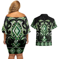 Green Ngaru Taniko With Aotearoa Maori Tattoo Couples Matching Off Shoulder Short Dress and Hawaiian Shirt LT14 - Polynesian Pride