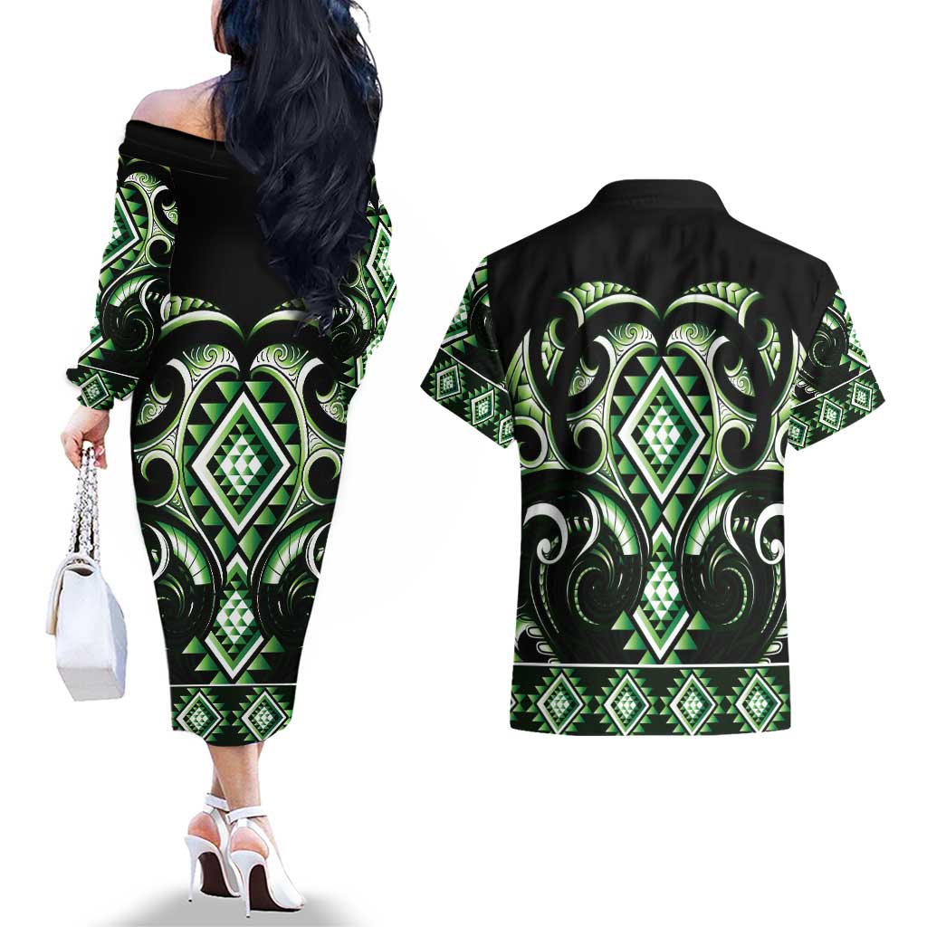 Green Ngaru Taniko With Aotearoa Maori Tattoo Couples Matching Off The Shoulder Long Sleeve Dress and Hawaiian Shirt LT14 - Polynesian Pride