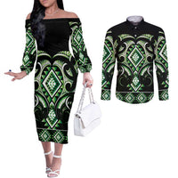 Green Ngaru Taniko With Aotearoa Maori Tattoo Couples Matching Off The Shoulder Long Sleeve Dress and Long Sleeve Button Shirt LT14 Green - Polynesian Pride