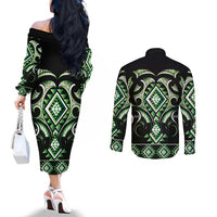 Green Ngaru Taniko With Aotearoa Maori Tattoo Couples Matching Off The Shoulder Long Sleeve Dress and Long Sleeve Button Shirt LT14 - Polynesian Pride