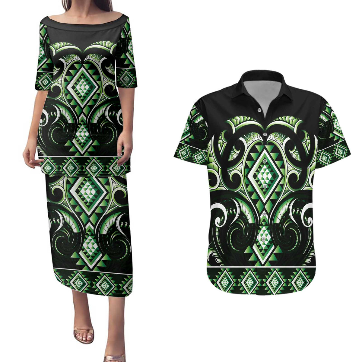 Green Ngaru Taniko With Aotearoa Maori Tattoo Couples Matching Puletasi and Hawaiian Shirt